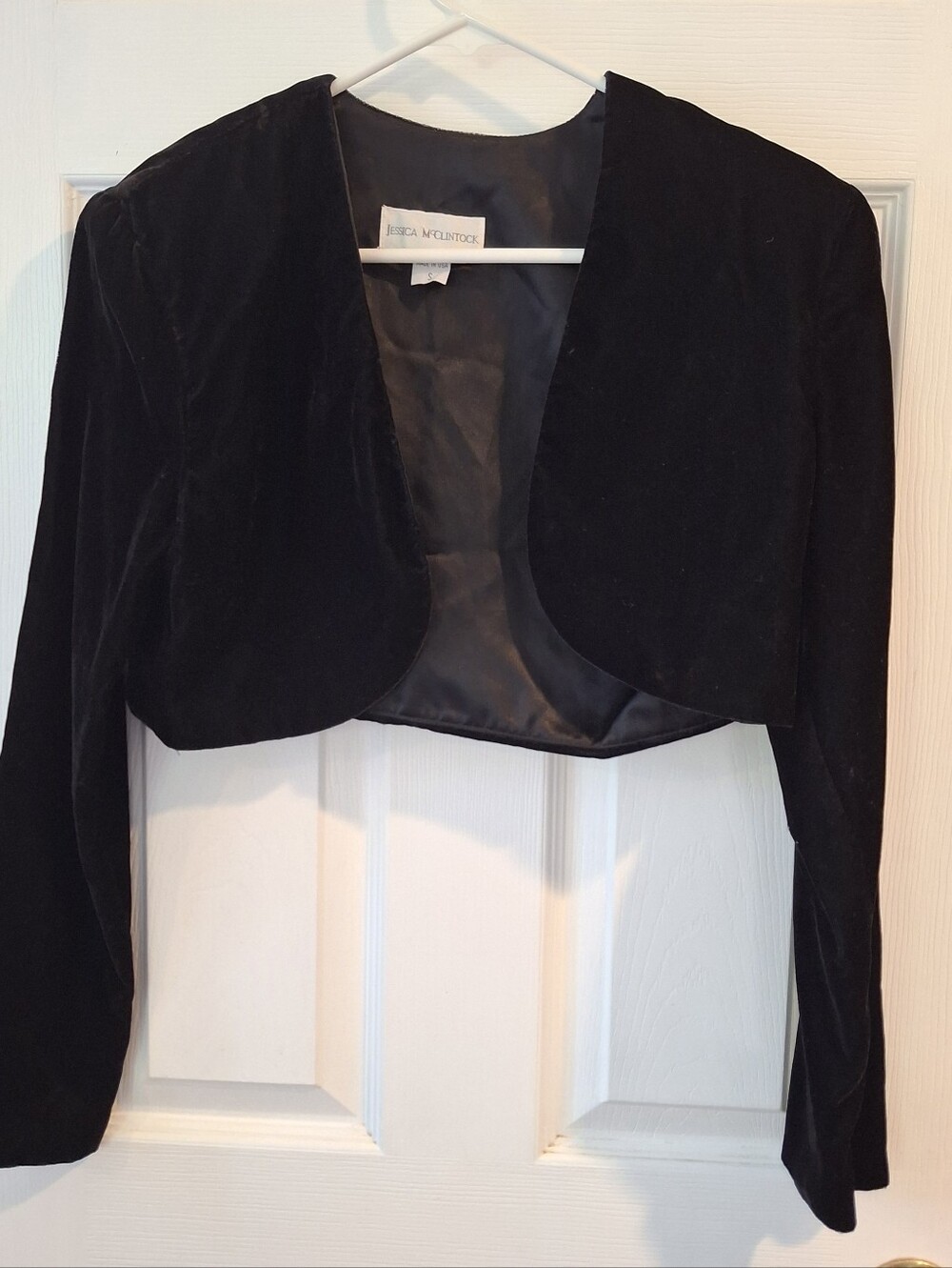 VTG Jessica McClintock Black Velvet Cropped Bolero Jacket Open Front Shrug Sz S